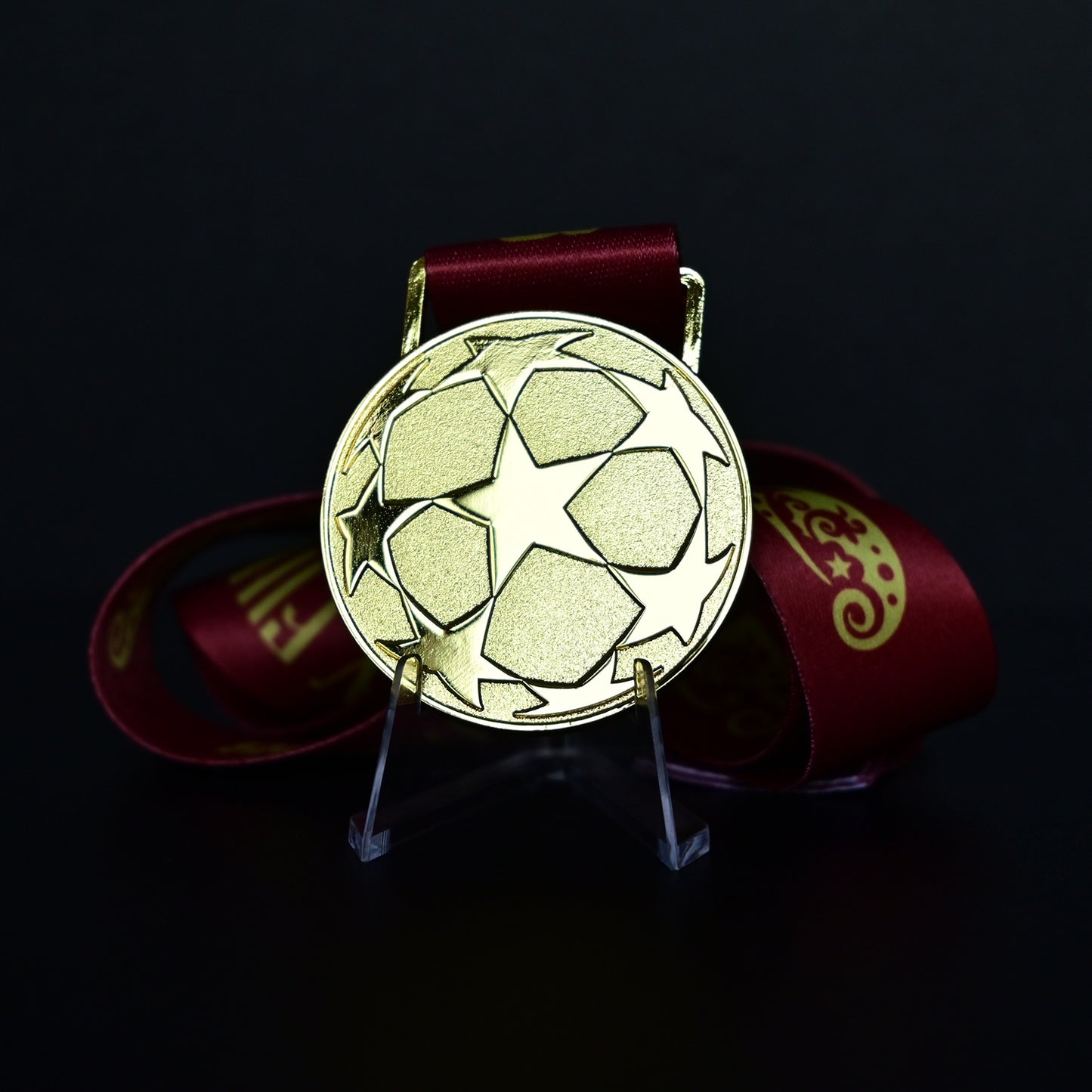 2008 UEFA Champions League Medal Back View, Manchester United Champion Gold Alloy Medal with Starball Pattern, Commemorative Football Medal Close-up on Clear Stand