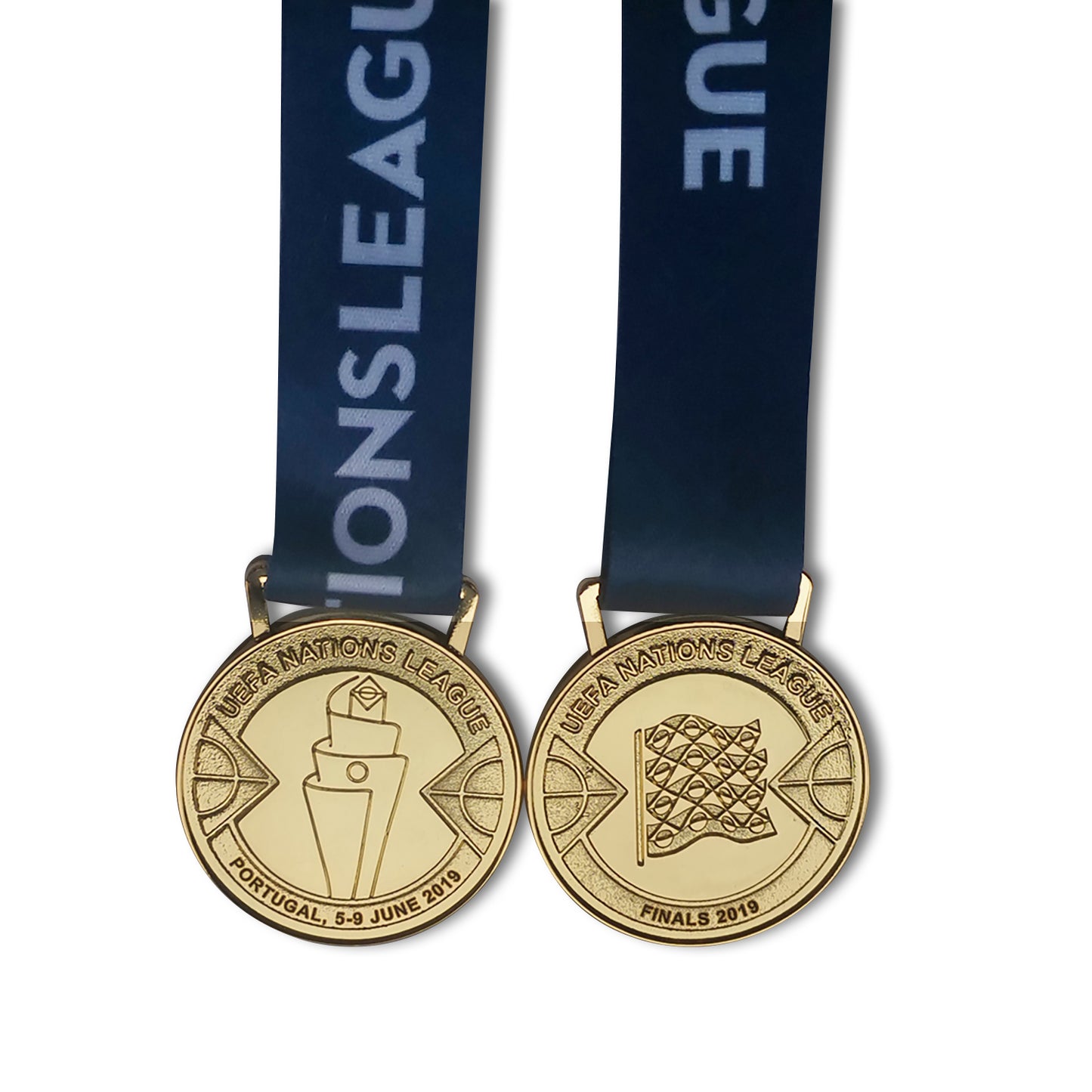 2019 UEFA Nations League medal two gold medals with ribbons on a white background