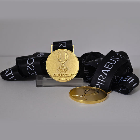 2023 UEFA Super Cup Medal Full Set, Manchester City Champion Gold Medal with Tournament Ribbon, Athens Final Collectible Football Memorabilia, Clear Display Stand
