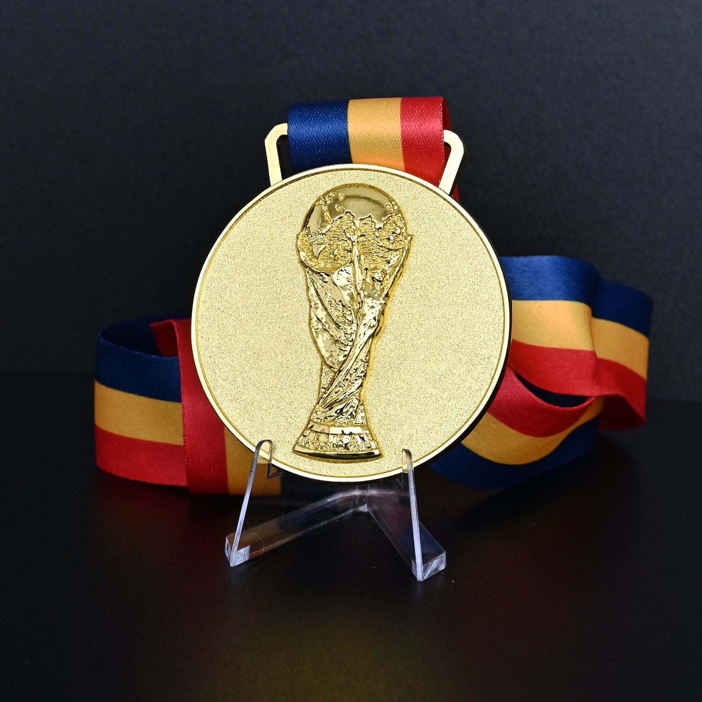 2002 Brazil World Cup Champions Medal - Back View with Blue FIFA Ribbon & Acrylic Stand, Detailed 3D World Cup Trophy Embossment, Premium Alloy Souvenir for Fans