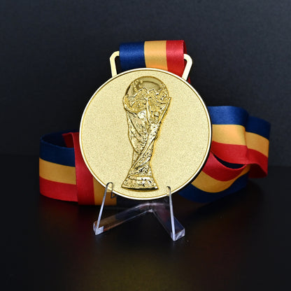2002 Brazil World Cup Champions Medal - Back View with Blue FIFA Ribbon & Acrylic Stand, Detailed 3D World Cup Trophy Embossment, Premium Alloy Souvenir for Fans