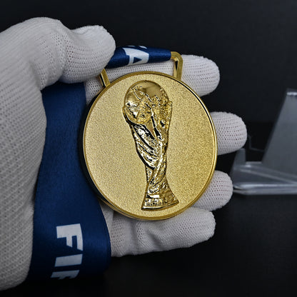 2006 Italy World Cup Champions Medal - Back Close-Up Held in White Gloves, Showcasing Intricate 3D World Cup Trophy Design & Premium Alloy Texture, Football Souvenir