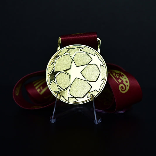2008 UEFA Champions League Medal Back View, Manchester United Champion Gold Alloy Medal with Starball Pattern, Commemorative Football Medal Close-up on Clear Stand