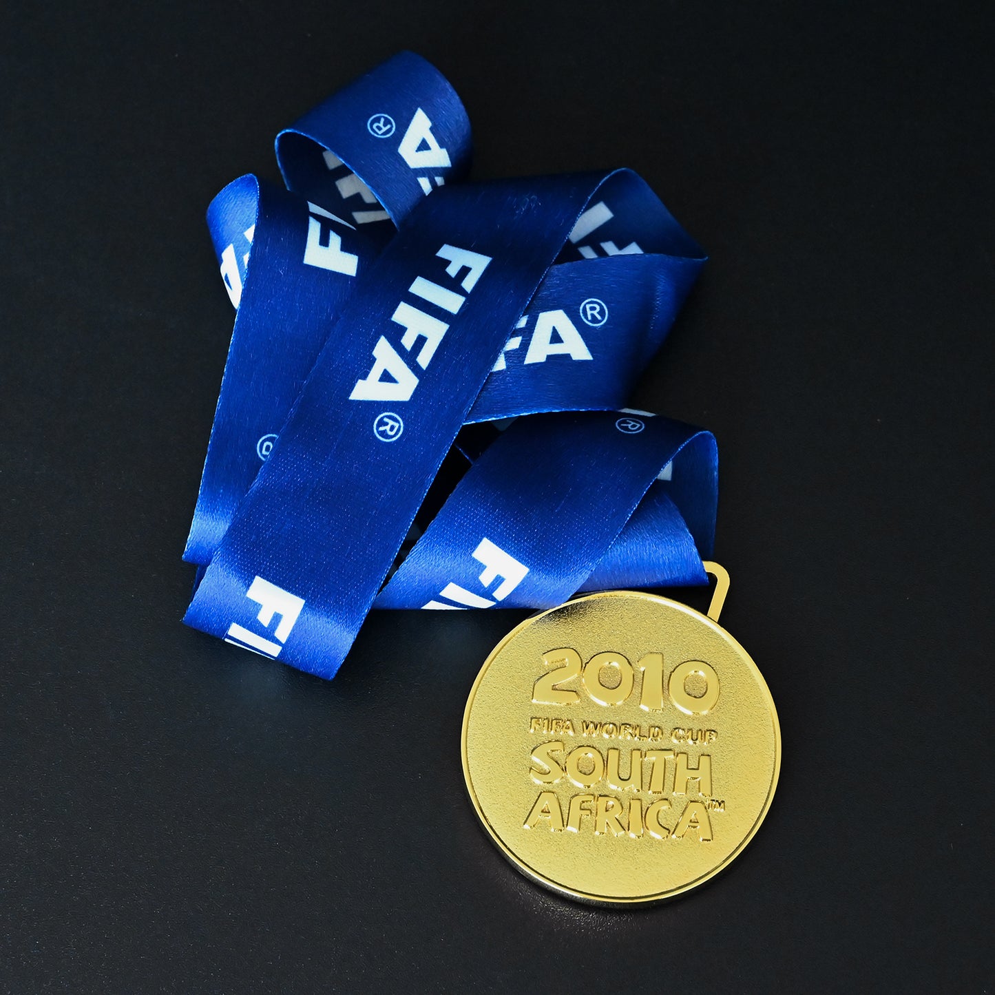 2010 Spain World Cup Champion Medal - Flat Lay Display with Blue FIFA Printed Ribbon, Premium Alloy Collectible Souvenir