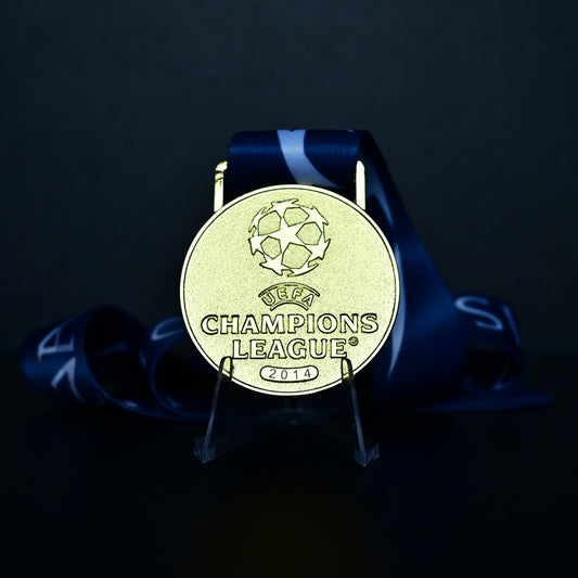 2014 UEFA Champions League Medal Front View, Real Madrid Champion Gold Alloy Medal with UCL Logo, Lisbon Estádio da Luz Final Collectible