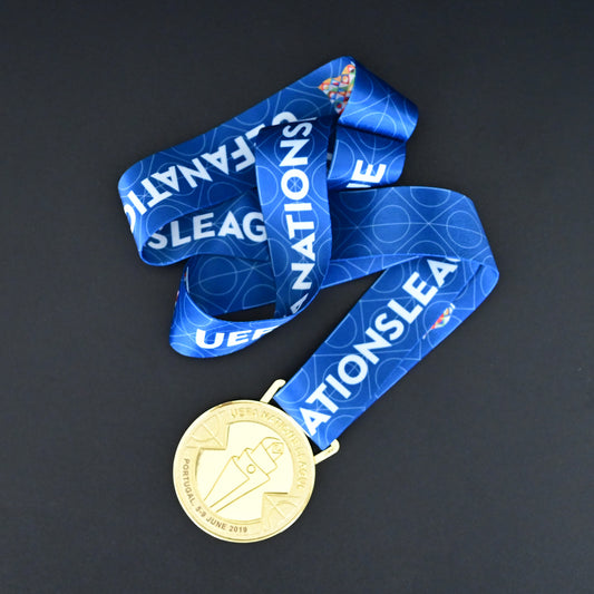 2019 UEFA Nations League Champions Medal Front View, Portugal Gold Alloy Medal Official Tournament Logo, Commemorative Medal on Clear Display Stand