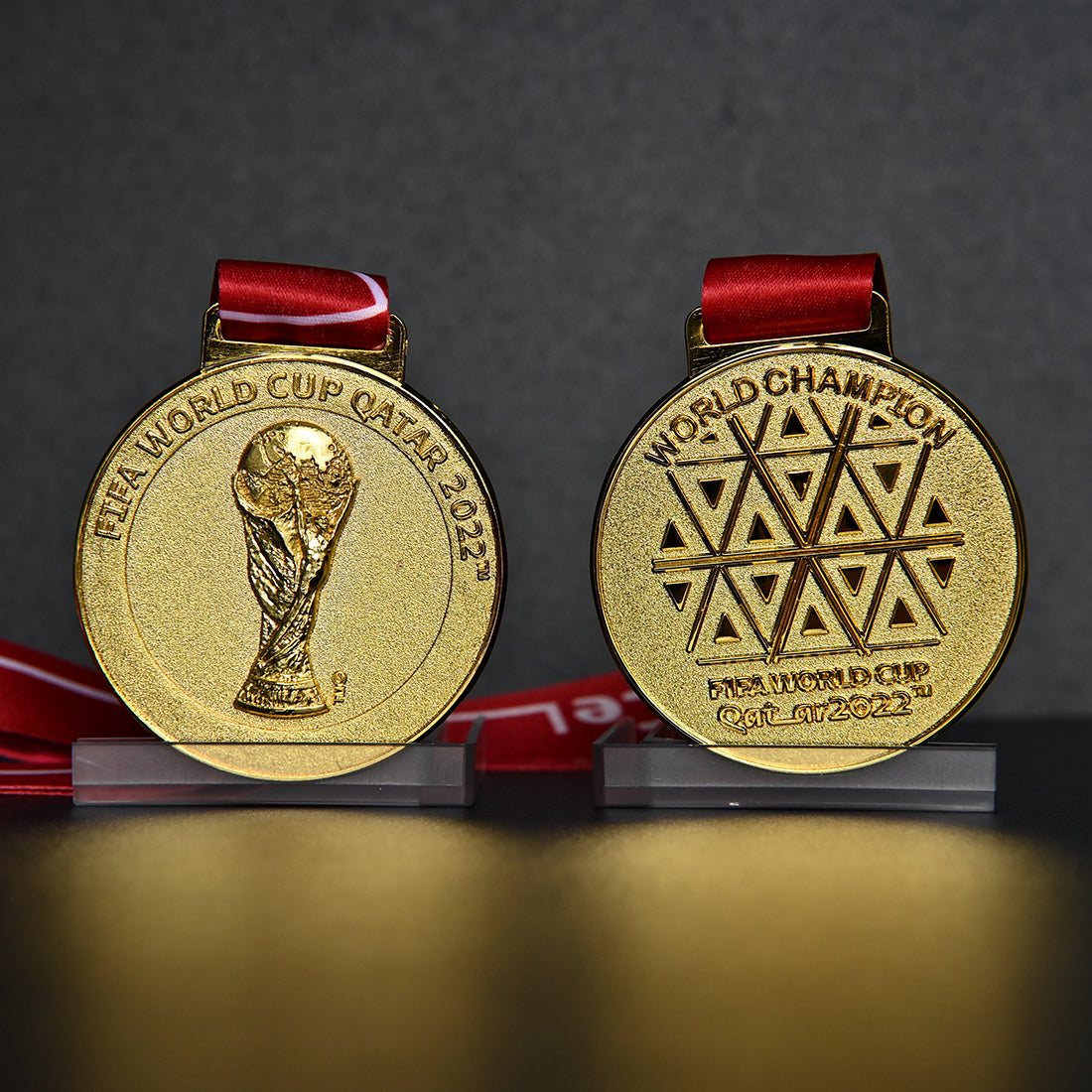2022 FIFA World Cup Qatar Argentina Champions Medal Double-Sided Display with Red Ribbon, Premium Alloy Collectible (8cm/130g) - Front: FIFA World Cup Trophy & Qatar 2022 Engraving, Back: World Champion Qatari Geometric Pattern