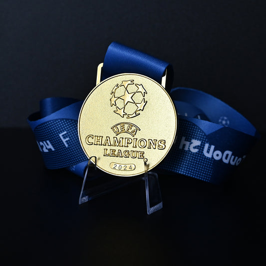 2024 UEFA Champions League Medal Front View, Real Madrid Champion Gold Alloy Medal with UCL Logo, London Wembley Final Collectible