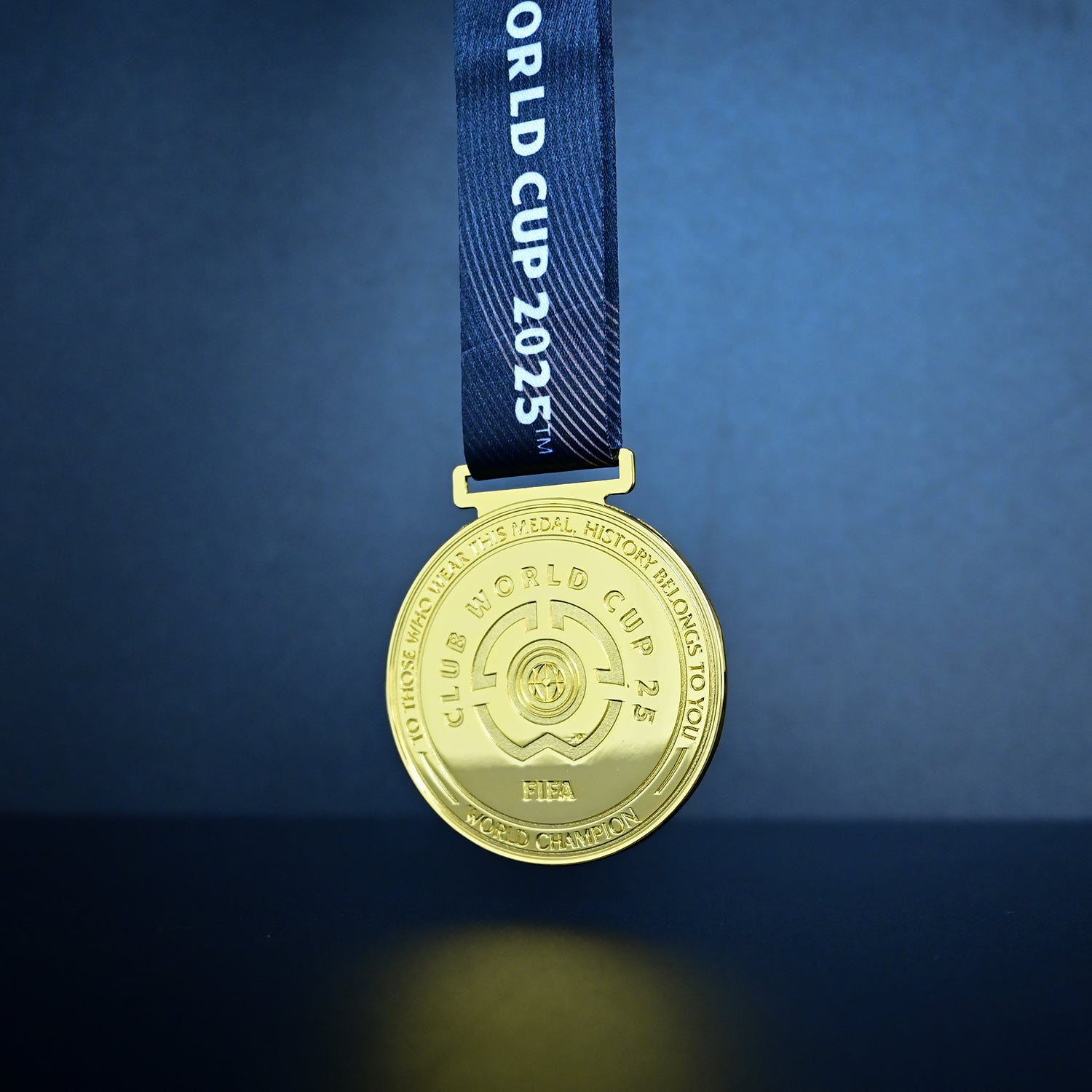 2025 FIFA Club World Cup Medal Front View, Chelsea Champion Gold Alloy Medal with Official FIFA Logo, New Jersey Final Commemorative Medal on Clear Display Stand, Football Fan Collectible