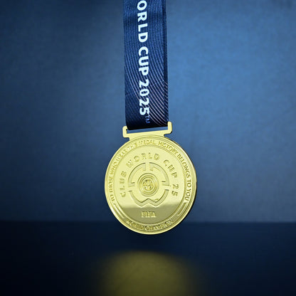 2025 FIFA Club World Cup Medal Front View, Chelsea Champion Gold Alloy Medal with Official FIFA Logo, New Jersey Final Commemorative Medal on Clear Display Stand, Football Fan Collectible