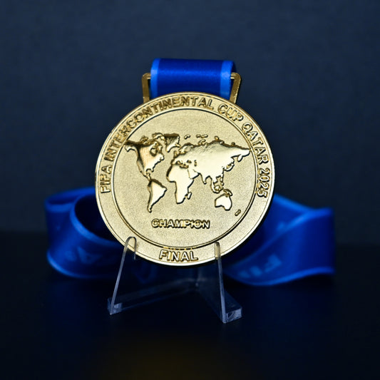 2025 FIFA Intercontinental Cup Medal Front View, Paris Saint-Germain Champion Gold Alloy Medal with Official FIFA Logo, Rayyan Final Commemorative Medal on Clear Display Stand, Football Fan Collectible