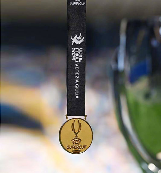 2025 UEFA Super Cup Medal Front View, Paris Saint-Germain Champion Gold Alloy Medal with Official UEFA Logo, Udine Final Commemorative Medal on Clear Display Stand, Football Fan Collectible