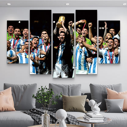 2022 FIFA World Cup Argentina Champions Celebration Wall Art - 5-Panel Canvas Print of Messi & Team Lifting the Trophy, Ideal Football Fan Decor to Complement Your World Cup Medal Collection