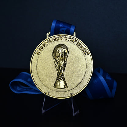 Brazil 2014 World Cup Champions Medal - Back View with Blue FIFA Ribbon & Stand, Detailed 3D World Cup Trophy Embossment, Premium Alloy Souvenir for Fans