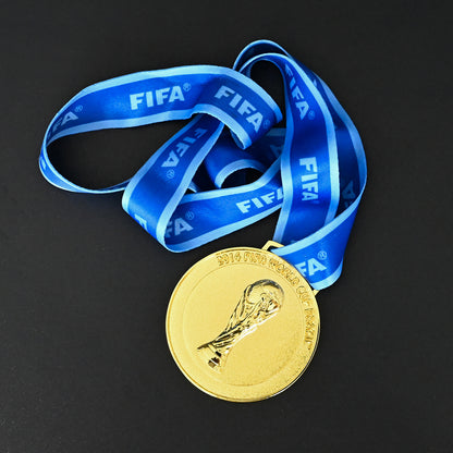 Brazil 2014 FIFA World Cup Germany Champions Medal Accessory - Close-Up of Blue Satin FIFA Printed Ribbon, Premium Display Accessory for Collectible Medals