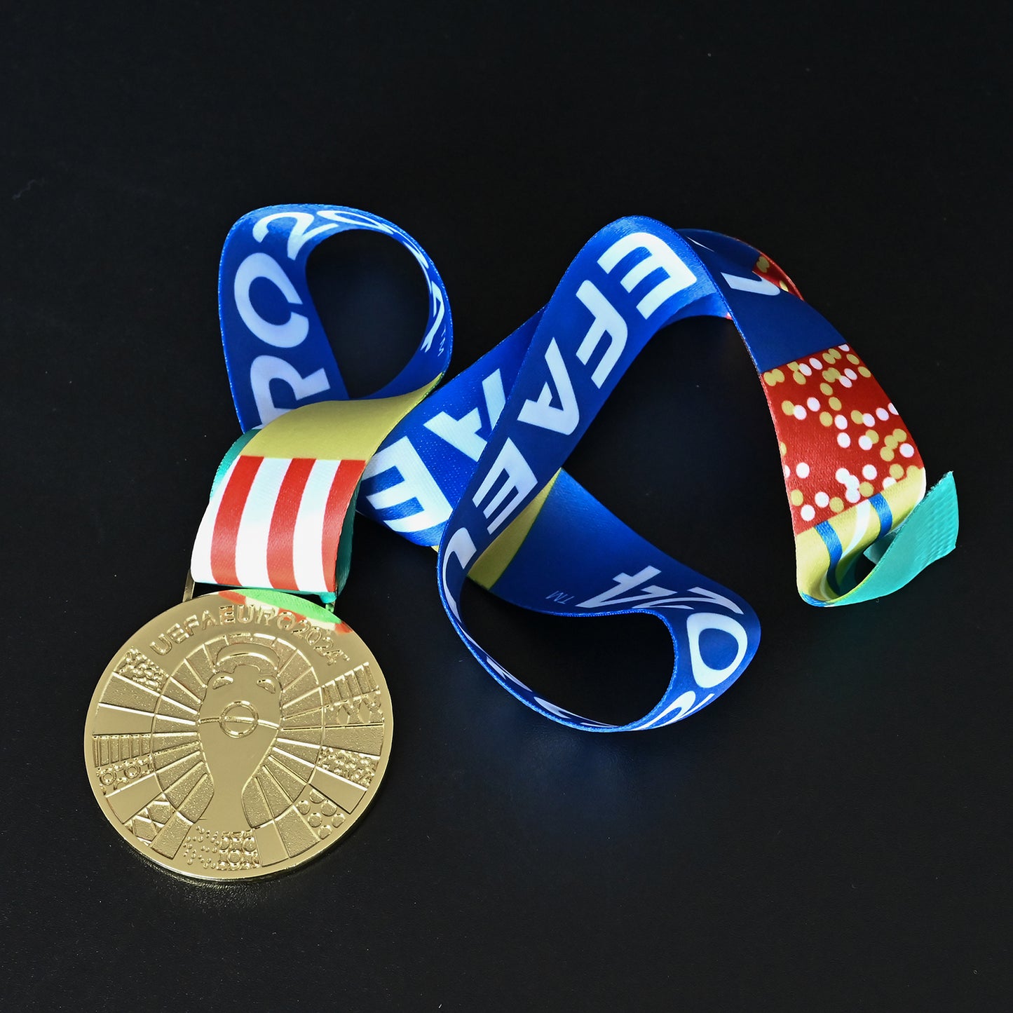 UEFA Euro 2024 medal, full colorful tournament ribbon, detailed engraving, commemorative keepsake, football fan collection