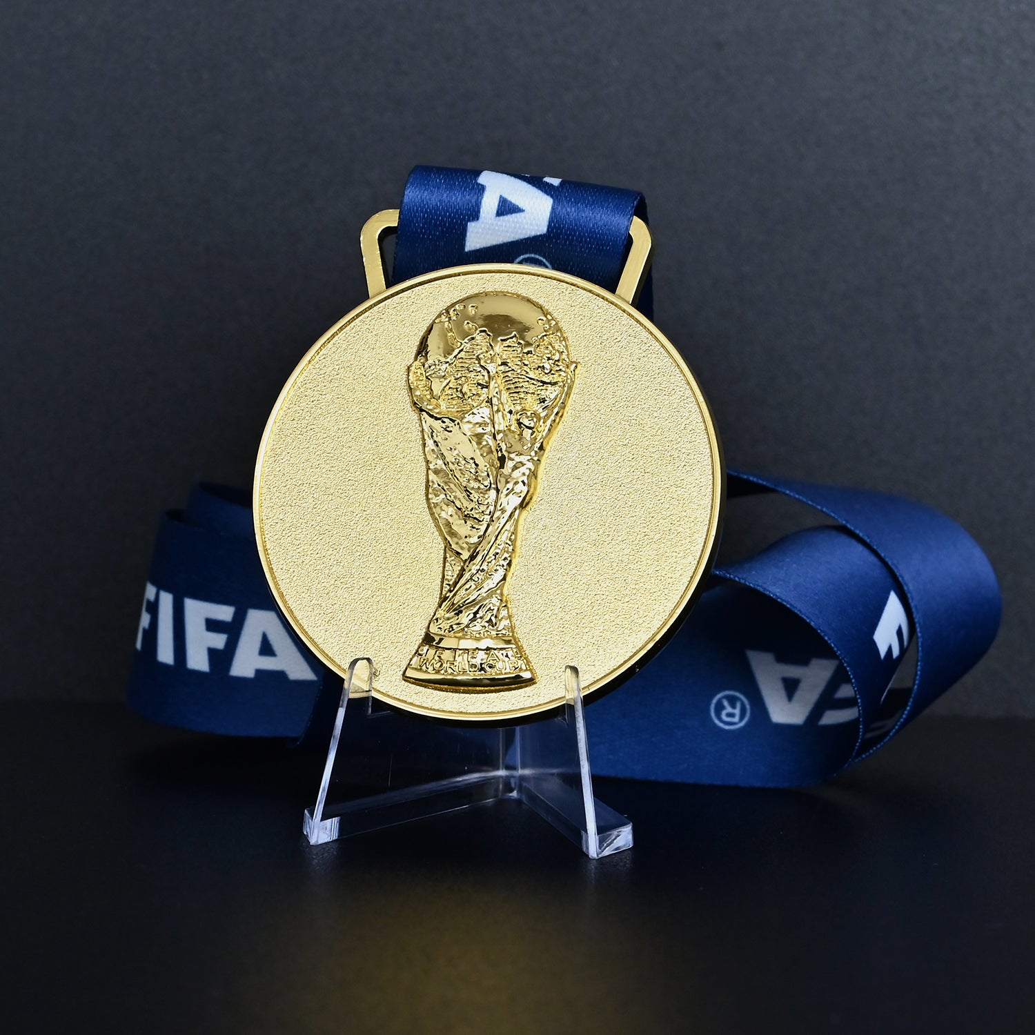 Germany 2006 Italy World Cup Champions Medal - Back View with Blue FIFA Ribbon & Stand, Detailed 3D World Cup Trophy Embossment, Premium Alloy Souvenir for Fans