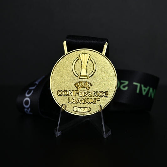 2025 UEFA Europa Conference League Medal Front View, Chelsea Champion Gold Alloy Medal with Official UECL Logo, Wroclaw Final Commemorative Medal on Clear Display Stand, Football Fan Collectible