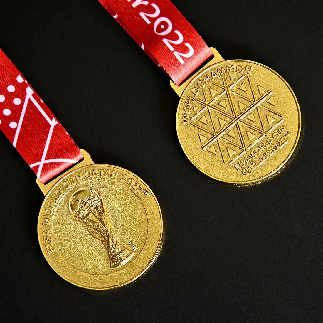 2022 FIFA World Cup Qatar Champions Medal Double-Sided View with Red 2022 Printed Ribbon, Premium Alloy Souvenir Collectible - Showcases Front Trophy Design & Back World Champion Geometric Pattern