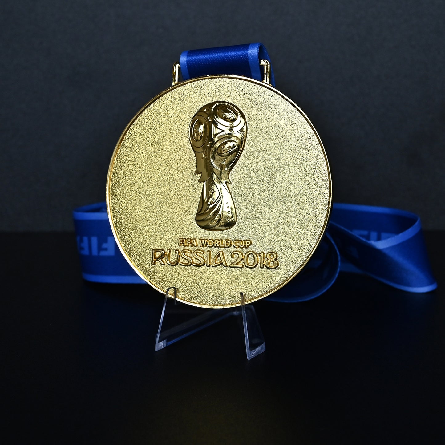 2018 FIFA World Cup Russia France Champions Medal - Front View with Blue FIFA Ribbon & Stand, Featuring Tournament Engraving, Premium Alloy Football Collectible
