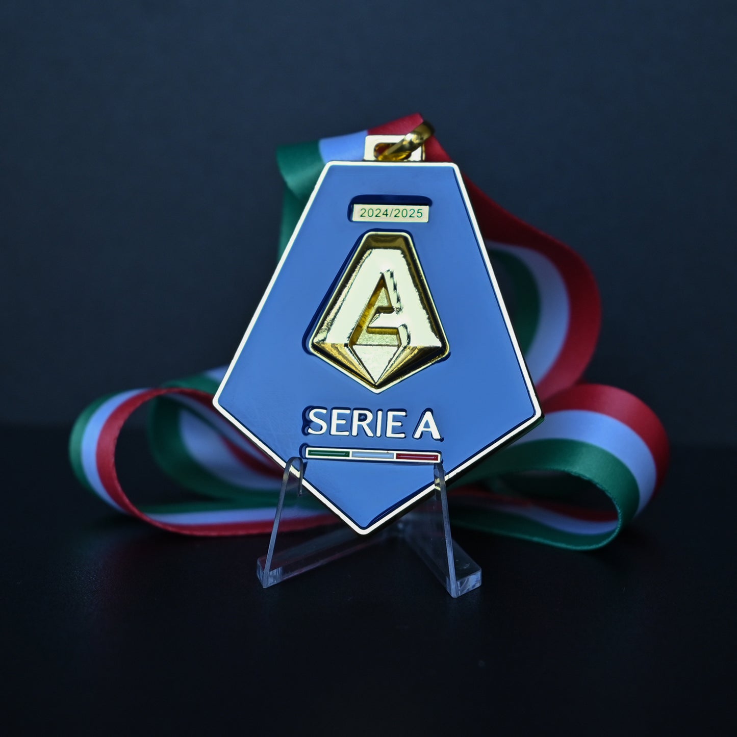 Serie A trophy with ribbons on a dark background, Serie A logo medal, 2024/2025 Serie A medal, Napoli back view medal, Serie A collectible medal, football memorabilia