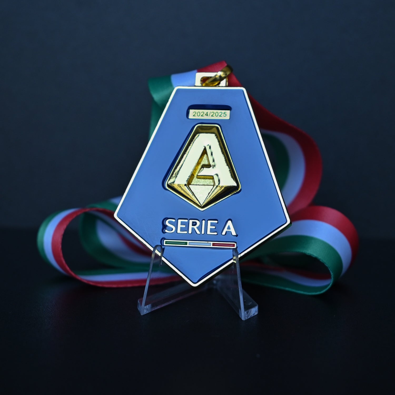 Serie A trophy with ribbons on a dark background, Serie A logo medal, 2024/2025 Serie A medal, Napoli back view medal, Serie A collectible medal, football memorabilia