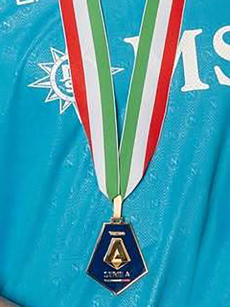 Napoli medal on jersey, Serie A medal display photo, football fan collectible, Napoli supporter gift, Serie A memorabilia