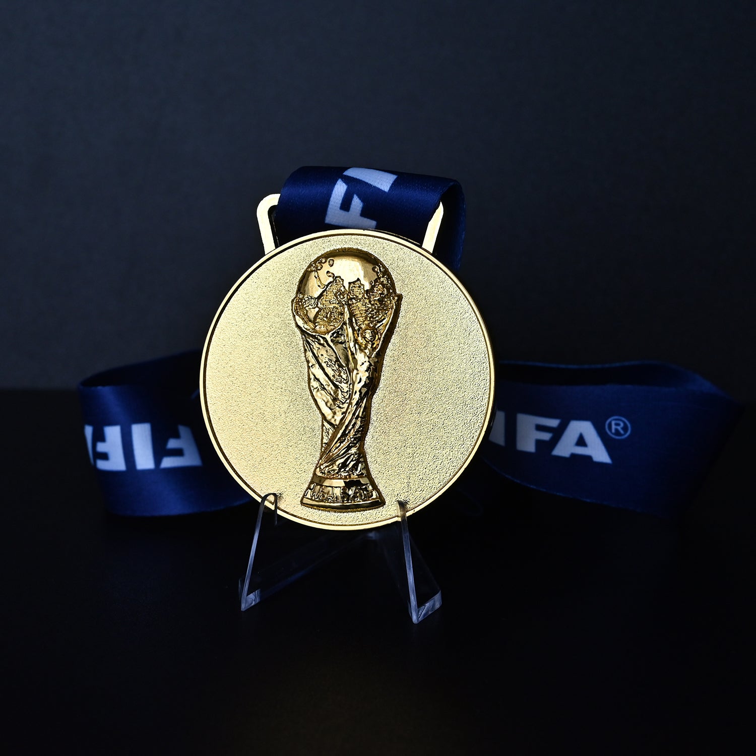 South Africa 2010 FIFA World Cupp Champion Medal- Back View with Blue FIFA Ribbon, Detailed 3D World Cup Trophy Embossment