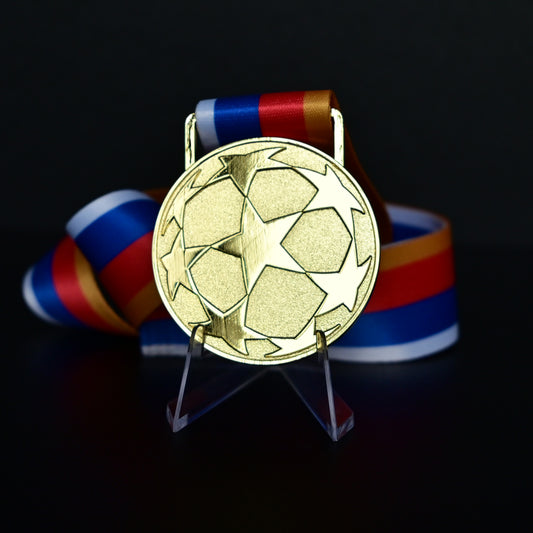 UEFA Champions League Medal Back View, Gold Alloy Medal with Starball Pattern, Commemorative Football Medal Close-up on Clear Stand