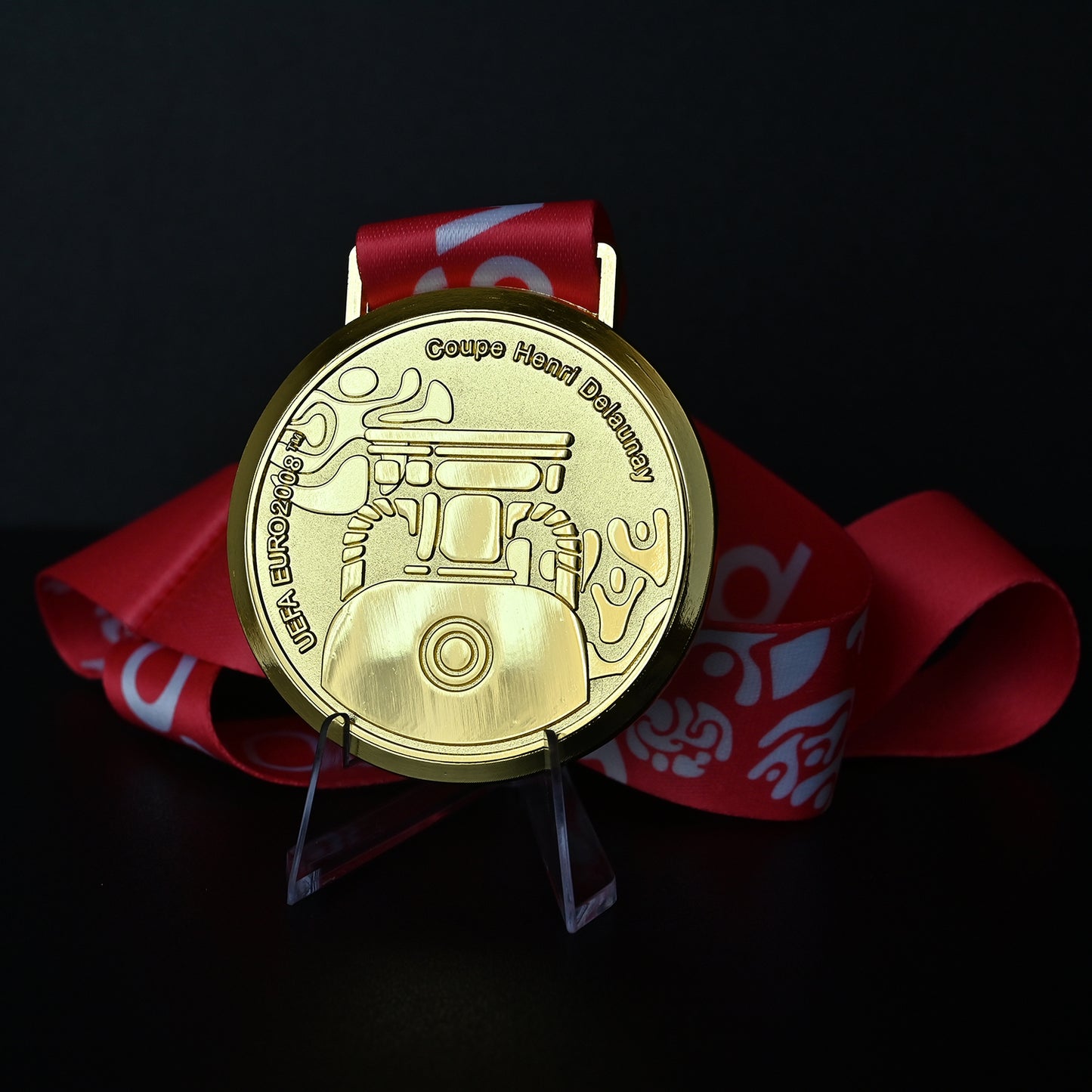 UEFA Euro 2008 medal, back Coupe Henri Delaunay art design, red patterned ribbon, Austria-Switzerland tournament, high-quality collectible, fan gift