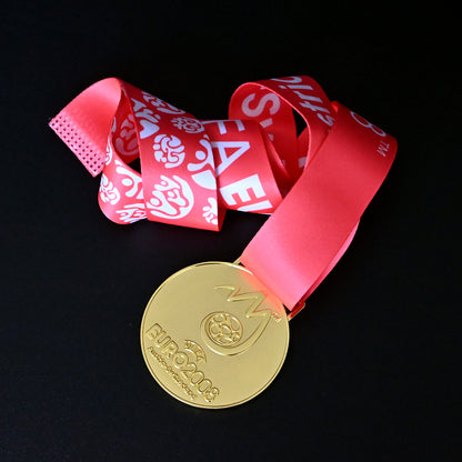 UEFA Euro 2008 medal, full red tournament ribbon flat lay, front flame & football design, Austria-Switzerland, commemorative keepsake, football collectible
