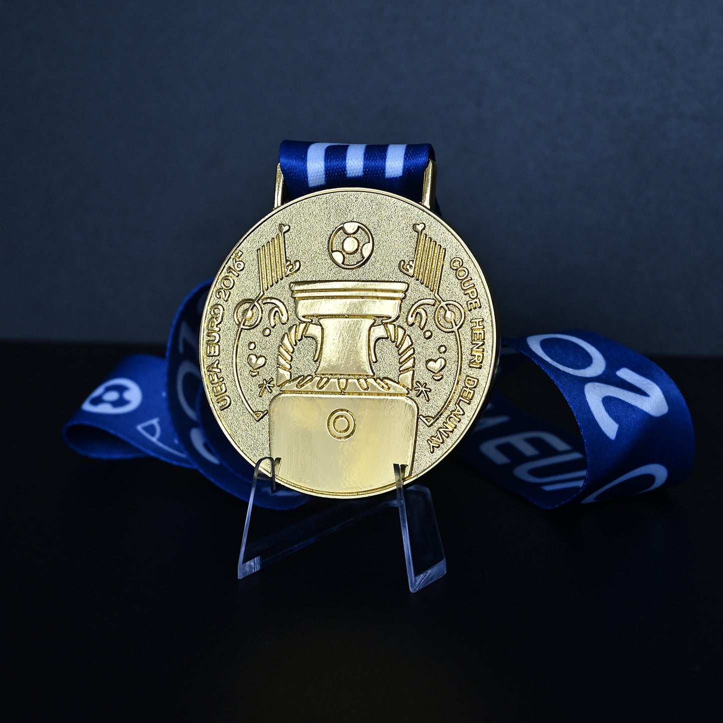 UEFA Euro 2016 medal, back Coupe Henri Delaunay design, blue striped ribbon, France tournament, high-quality collectible, fan gift