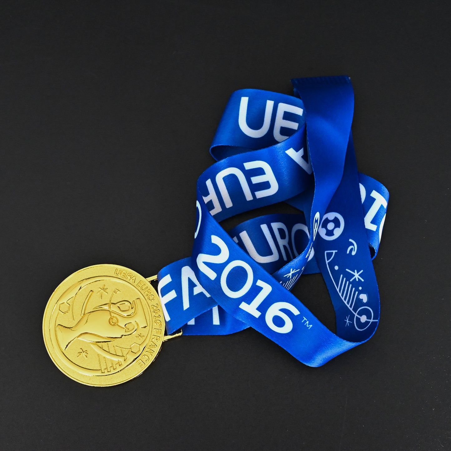 UEFA Euro 2016 medal, back Coupe Henri Delaunay design, blue striped ribbon, France tournament, high-quality collectible, fan gift
