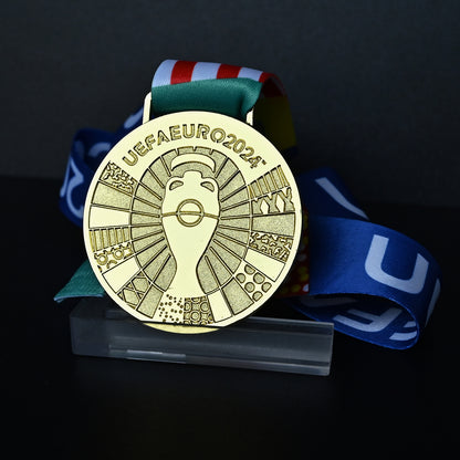 UEFA Euro 2024 championship medal, trophy mold design, vibrant ribbon, high-quality football memorabilia, fan gift, collectible